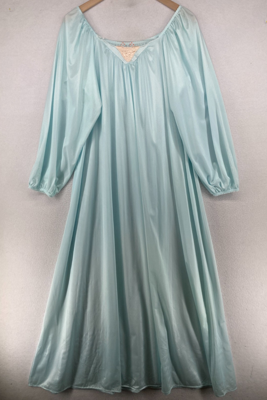 KATZ Nightgown M Nylon Satin Cottagecore Lounge Grandmacore Blue VTG USA